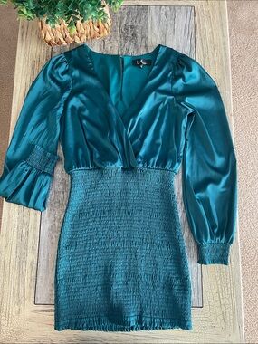 Lulu's Teal Satin Smocked-Waist Long Sleeve Dress
